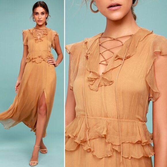 NWT New Friends Colony Maya Tan Chiffon Ruffled Lace-Up Maxi Dress Size Medium - Picture 4 of 13